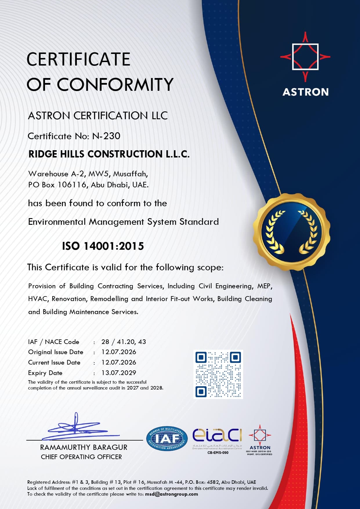 ISO 14001:2015 Certificate of Conformity