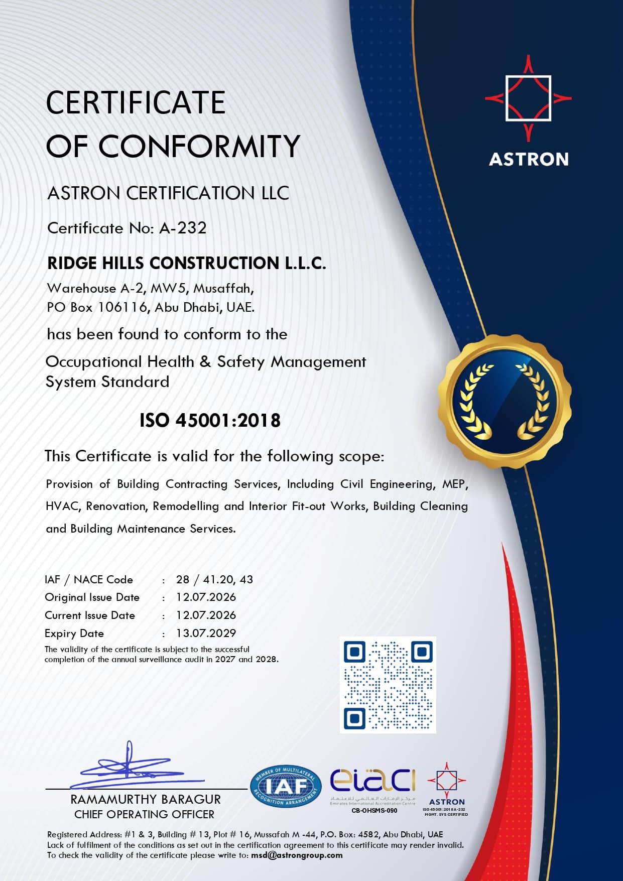 ISO 45001:2018 Certificate of Conformity